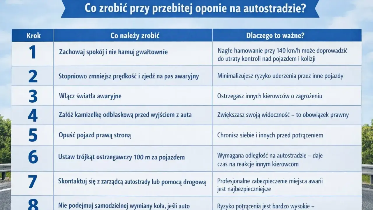 Tabela z instrukcją, co robić przy przebitej oponie na autostradzie: zachowaj spokój, zjedź na pas awaryjny, włącz światła, załóż kamizelkę, opuść pojazd prawą stroną, ustaw trójkąt, wezwij pomoc.