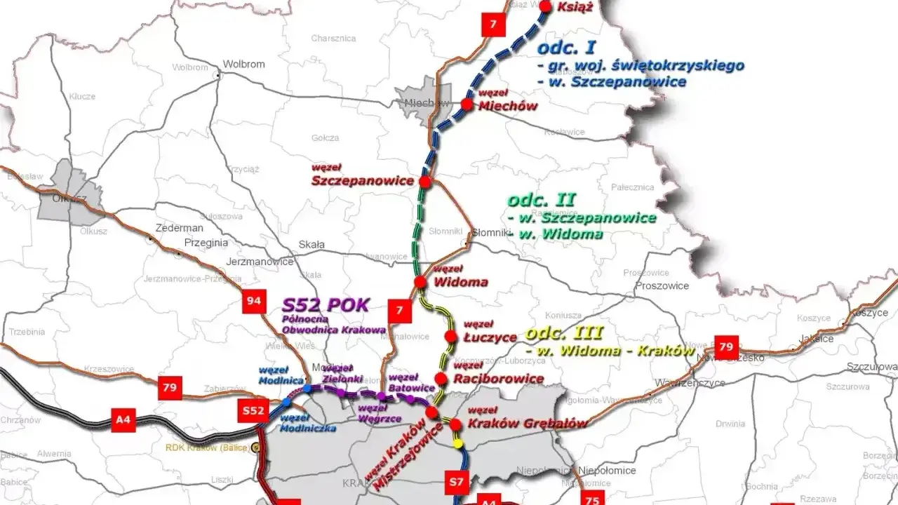 Mapa drogowa z zaznaczonymi odcinkami S52 i S7, pokazująca najszybsza trasa do Krakowa.
