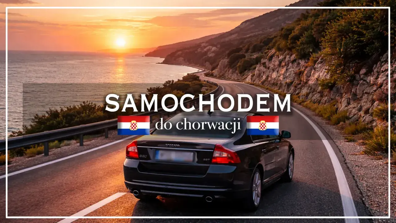 Samochodem do Chorwacji, kraju w Unii Europejskiej. Słoneczny zachód słońca nad Adriatykiem i kręta droga.