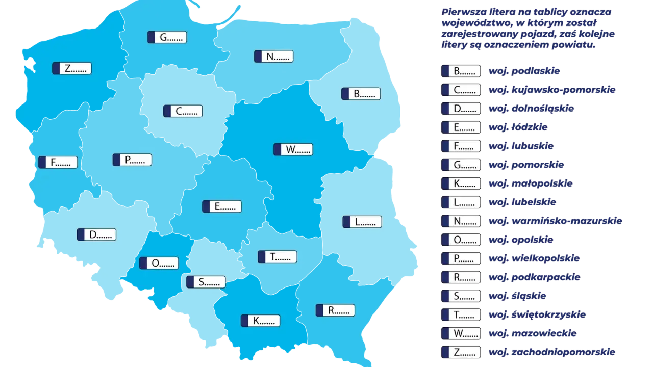 Mapa Polski z literami i kropkami, jak na tablicy rejestracyjnej, wskazującymi lokalizacje.