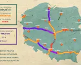 Mapa przedstawia nazwy autostrad w Polsce, ich długość, stan budowy i odcinki płatne.