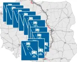 Mapa Polski z zaznaczoną trasą S7 i wieloma znakami informującymi o odcinkowym pomiarze prędkości.