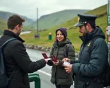 Para turystów pokazuje paszporty przy wjeździe do Irlandii. Strażnik graniczny sprawdza dokumenty.