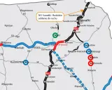 Mapa drogowa z zaznaczoną trasą S61. Widoczne miasta: Suwałki, Augustów, Ełk, Mrągowo. Oznaczenia odcinków dróg i miejscowości.