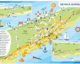 Mapa Krynicy Morskiej i okolic, pokazująca trasę do Krynicy Morskiej, plaże, porty, atrakcje turystyczne i drogi.