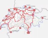Mapa tras przejazd przez Szwajcarię z zaznaczonymi punktami granicznymi i miastami.