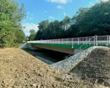 Nowy most na drodze wojewódzkiej 993, z zielonymi elementami i białymi barierkami, otoczony drzewami i skarpami.