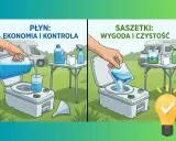 Dwa sposoby na płyn do toalety turystycznej: nalewanie z butelki lub dodanie saszetki. Oba zapewniają czystość i kontrolę.