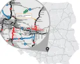 Mapa Polski z zaznaczonym obszarem wokół Krakowa. Widoczna trasa S7 Miechów-Szczepanowice, łącząca miasto na trasie Kraków Miechów.