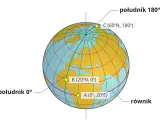Globus z zaznaczonymi punktami A, B, C. Linie siatki geograficznej pokazują szerokość i długość geograficzną.