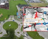 Mapa drogowa z zaznaczoną trasą DK28 obwodnica Zatora. Widoczny węzeł drogowy i McDonald's.