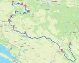 Trasa przez Czarnogórę i Bośnię, z zaznaczonymi punktami: Jezioro Blidinje, Stary Most w Mostarze, Plužine.