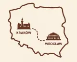 Mapa Polski z zaznaczonymi zabytkami Krakowa i Wrocławia. Linia przerywana pokazuje wrocław kraków odległość.
