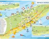 Mapa turystyczna Krynicy Morskiej i Piasków. Znajdziesz tu plaże, porty, ścieżki rowerowe i atrakcje. Sztutowo trasa jest zaznaczona.