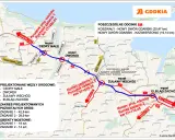 Mapa drogowa z zaznaczonymi węzłami drogowymi i odcinkami S7. Widoczna droga krajowa 7 oraz węzły Cedry Małe, Dworek, Żuławy Wschód i Elbląg Zachód.