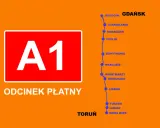 Mapa pokazuje płatne odcinki autostrad A1 od Torunia do Gdańska, z zaznaczonymi miejscowościami.