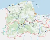 Mapa kolejowa Pomorza z zaznaczoną trasą Bytów - Kościerzyna - Tczew.