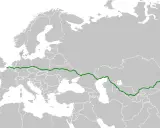 Trasa najdłuższej autostrady w Europie, biegnąca od Francji przez Europę Wschodnią i Azję Środkową aż do granicy z Chinami.