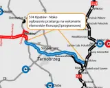 Mapa drogowa z zaznaczonymi trasami S74 Opatów - Nisko, S19 i S7. Widoczne miasta: Kielce, Ostrowiec Świętokrzyski, Sandomierz, Tarnobrzeg.
