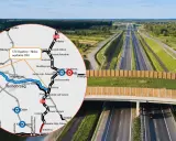 Mapa drogowa S74 Opatów - Nisko, z zaznaczoną trasą i miastami jak Tarnobrzeg, Sandomierz, Opatów. W tle widok na nowoczesną autostradę.