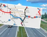 Mapa drogowa z zaznaczoną trasą S74 Opatów-Nisko i S19. W tle droga szybkiego ruchu i krajobraz.