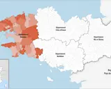 Mapa pokazuje, gdzie leży Bretania, z zaznaczonymi departamentami Finistère, Côtes-d'Armor, Morbihan i Ille-et-Vilaine.