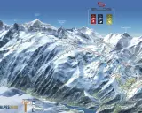 Mapa narciarska Les Deux Alpes z zaznaczonymi trasami, wyciągami i szczytami. Widok górski z lodowcami i jeziorami.