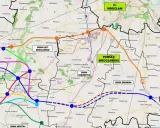 Mapa przedstawia plan budowy autostrad w Polsce do 2041 roku, z zaznaczonymi trasami wokół Wrocławia i okolicznych gmin.