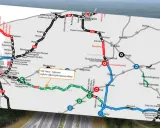 Mapa drogowa z zaznaczonymi trasami, w tym drogami w budowie i planowanymi. Widoczna jest trasa Szczecin - Bydgoszcz.