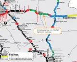 Mapa drogowa z zaznaczoną autostradą A2. Widoczny odcinek A2 Siedlce Zachód - km 590+190 z ogłoszeniem przetargu.