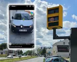 Jak wypełnić mandat z fotoradaru wzór? Na filmie biały bus, fotoradar i droga.
