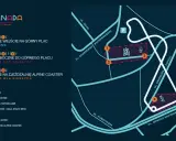 Mapa parku Esplanada w Szklarskiej Porębie. Wskazuje bramy wejściowe, parking, górny plac z atrakcjami i trasę Alpine Coaster.