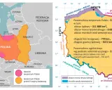 Mapa Europy z zaznaczoną Polską. Pokazuje obecne terytorium Polski i obszar przed II wojną światową.