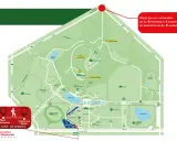 Mapa Parku Śląskiego. Wjazd od ul. Chorzowskiej, 1,3 km do Planetarium Śląskiego. Widać Planetarium, Zoo, Stadion Śląski.
