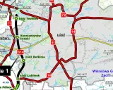 Mapa drogowa z zaznaczoną trasą przez Konstantynów Łódzki, Łódź i Brzeziny.