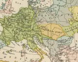 Mapa Europy z zaznaczoną Bawarią, która leży na wschód od Franków, na północ od Italii i na zachód od Królestwa Awarów.