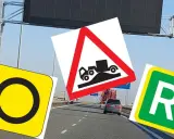 Oznaczenie drogi ekspresowej z trzema znakami: zakaz, nierówność drogi i parking.