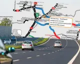 Mapa drogowa z zaznaczoną trasą S8 Polichno-Studzianki, w tle droga krajowa 88 z samochodami.