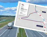 Utrudnienia na S6 dzisiaj. Mapa pokazuje objazd budowy obwodnicy metropolii trójmiejskiej. Ciężarówka i samochód jadą drogą.