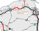 Mapa drogowa Pomorza z zaznaczoną drogą krajową 22, S6, S7 i A1. Widoczne miasta: Koszalin, Słupsk, Gdańsk, Gdynia, Tczew.