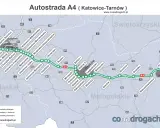 Mapa autostrady A4 od Katowic do Tarnowa, z zaznaczonymi miastami i węzłami.