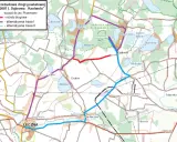 Mapa pokazuje przebudowę drogi powiatowej z Dąbrowy do Kaniwoli, z zaznaczoną łęczną trasą robót drogowych i alternatywnymi trasami I i II.
