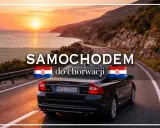 Samochodem do Chorwacji, kraju w Unii Europejskiej. Słoneczny zachód słońca nad Adriatykiem i kręta droga.