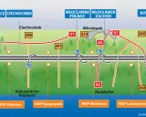 Mapa dróg z zaznaczonymi węzłami, miastami i MOP-ami. Widać autostradę A1, a1 stacje paliw i drogi krajowe.