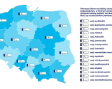 Mapa Polski z literami i kropkami, jak na tablicy rejestracyjnej, wskazującymi lokalizacje.