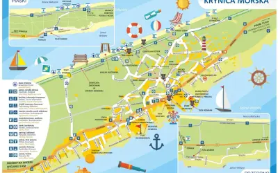 Mapa turystyczna Krynicy Morskiej i Piasków. Znajdziesz tu plaże, porty, ścieżki rowerowe i atrakcje. Sztutowo trasa jest zaznaczona.