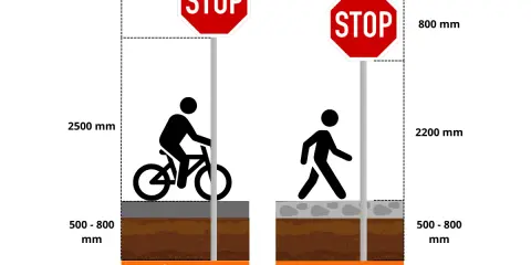 Słupki drogowe z oznaczeniem STOP na ścieżce rowerowej (2500 mm) i chodniku (2200 mm).