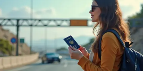Kobieta z paszportem zastanawia się, czy Cypr jest w strefie Schengen, stojąc przy drodze z plecakiem.