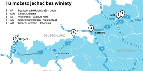 Mapa pokazuje trasy bez winiety w Austrii, w tym tunele i autostrady w okolicach Salzburga i Innsbrucka.