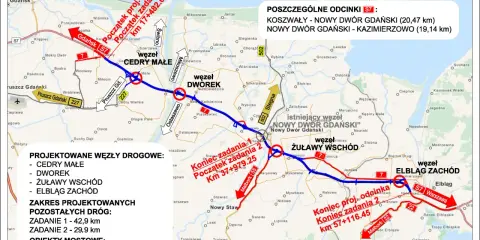 Mapa drogowa z zaznaczonymi węzłami drogowymi i odcinkami S7. Widoczna droga krajowa 7 oraz węzły Cedry Małe, Dworek, Żuławy Wschód i Elbląg Zachód.